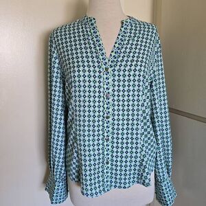 Carolina Belle Montreal Geometric Print Blouse, Blue, Green, White, NWOT, sz. M
